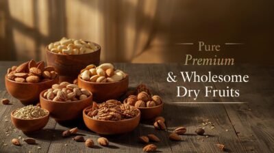 Create a premium banner featuring only assorted dry fruits (almonds, cashews, pistachios, walnuts) beautifully arranged in bowls on a rustic wooden table. Add warm golden lighting, elegant minimal background