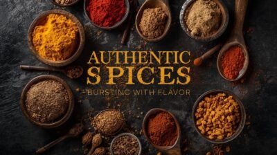 Design a vibrant food slide featuring only colorful ground spices (turmeric, chili powder, cumin, coriander, garam masala) in bowls and wooden spoons on a dark textured background. Add strong contrast with b